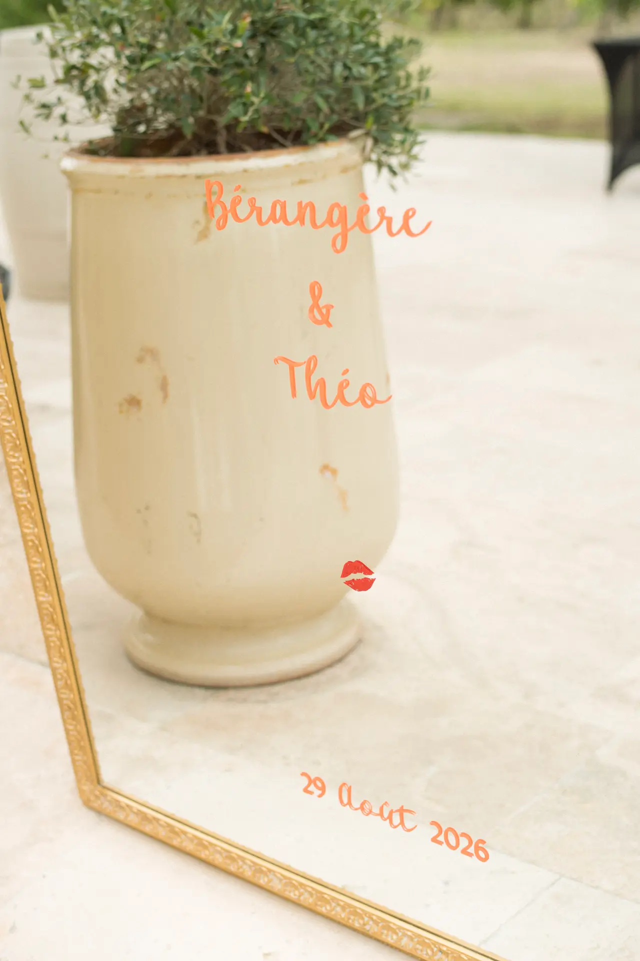 miroir gravé « Bérangère & Théo », olivier, 29 août